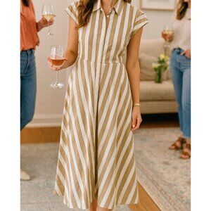 Emme Marella Short Sleeve Beige Stripe Midi Dress Size 12